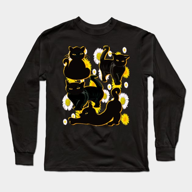 Cat silhouette on top of wildflowers feelings pattern black cats  among dandelions And daisies floral bright flowers Long Sleeve T-Shirt by Artonmytee